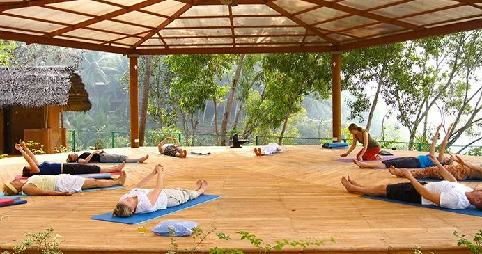 Calm yoga class arranged along a canal-view window